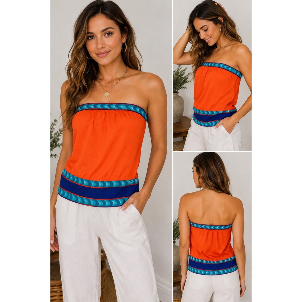 Trina Turk Orange Strapless Tube Top Bandeau Small Geometric Trim 122805